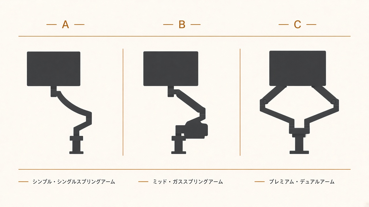 モニターアームA/B/C比較のイメージ