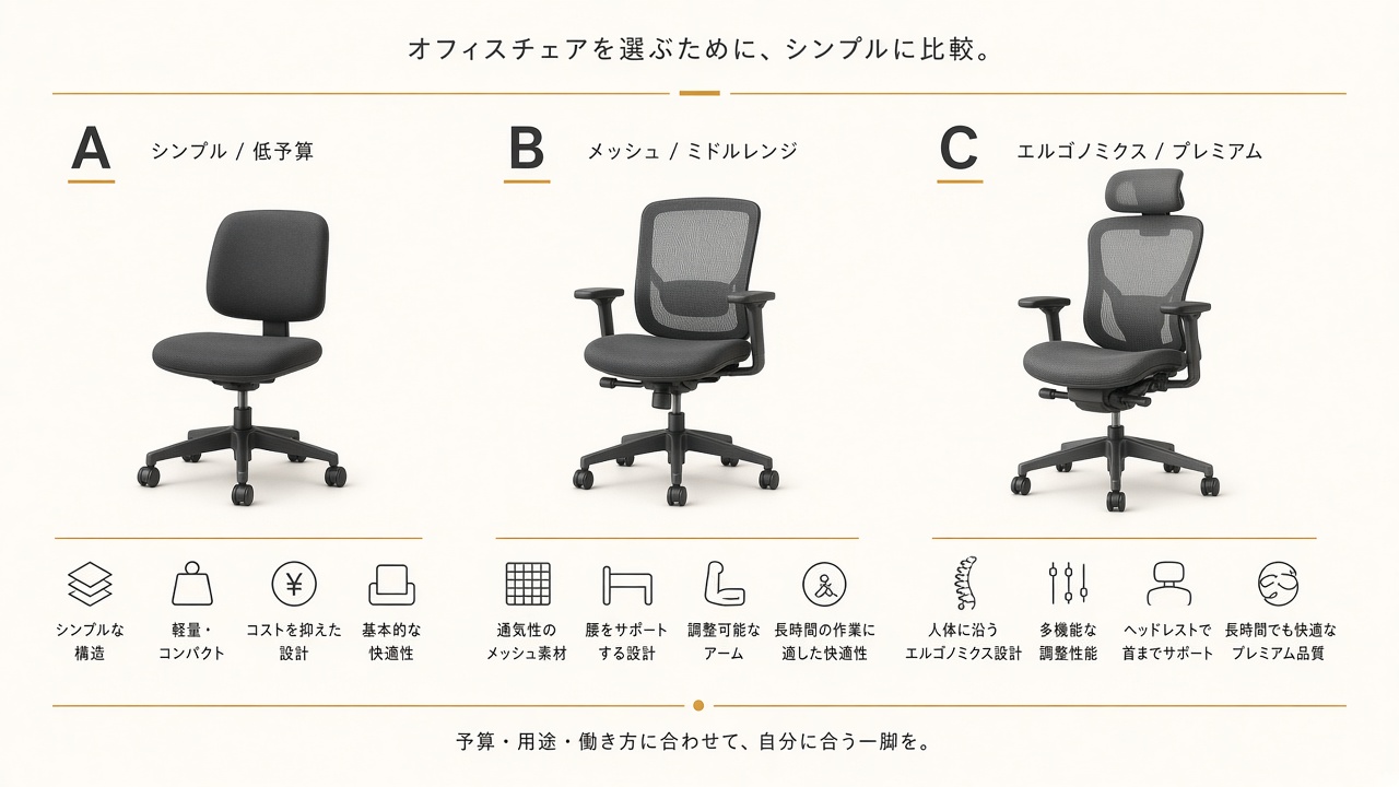 オフィスチェアA/B/C比較のイメージ